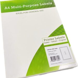 Alpa-Cartridge A4 Multipurpose Labels 1 Per Sheet 199.6 x 289mm (White) Pk of 100