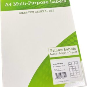 Alpa-Cartridge A4 Multipurpose Labels 21 Per Sheet 63.5 x 38mm (White) Pk of 100